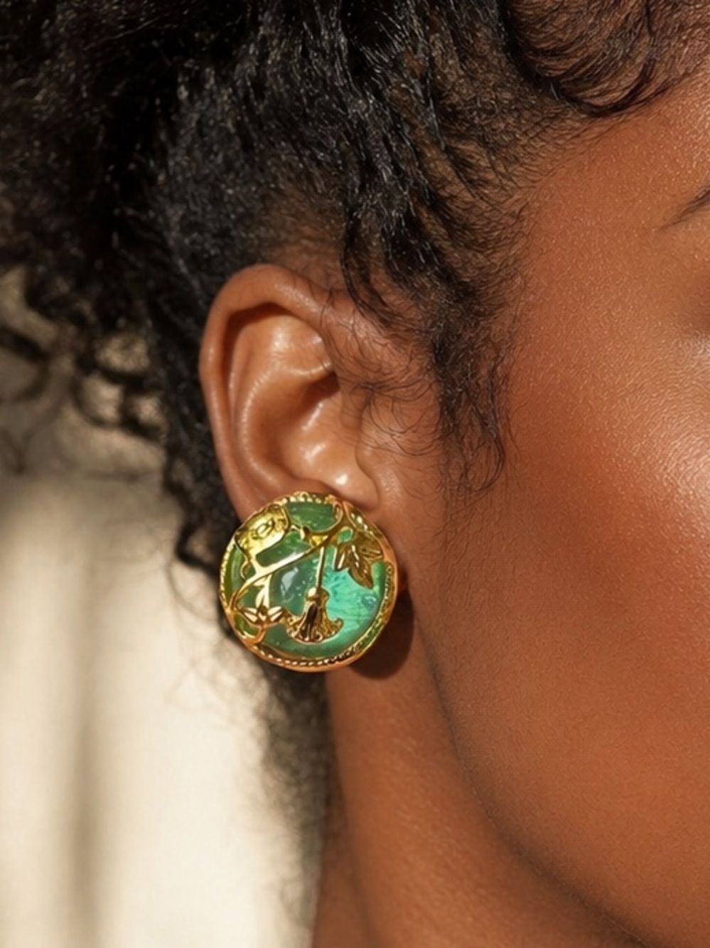 Gold and Green Enamel Floral Stud Earrings Vintage Inspired